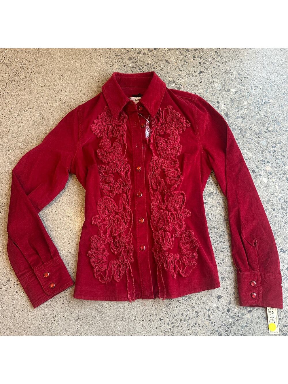 Live a Little Women’s Small Red Corduroy Ruffle Western Shirt Y2K Boho NWT